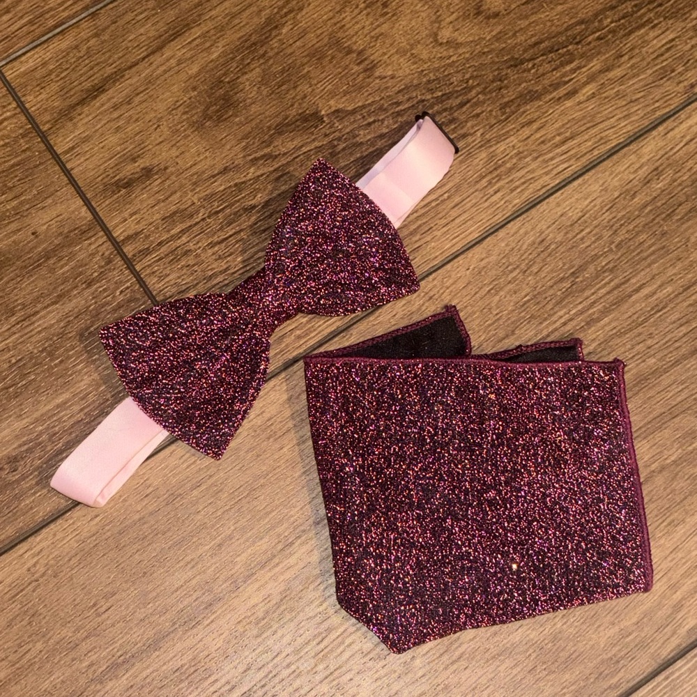 Glittery Pink Bow Tie and Pocket Square Set